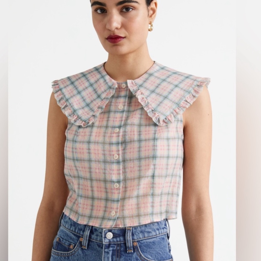 & Other Stories Ruffle Collar Button Up 2 plaid